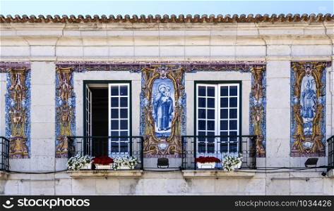 Detail of the facade of the old Town Hall building of the coastal charming town of Cascais, Portugal