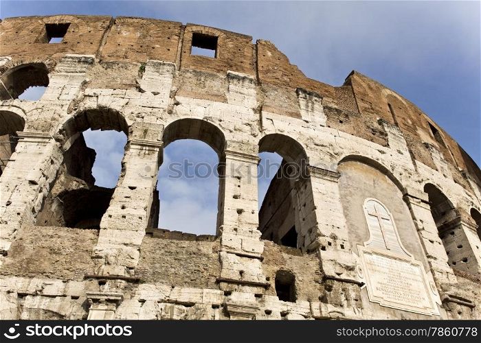 Detail of the famous Colosseum or Coliseum, also known as the Flavian Amphitheatre, in Rome, Italy