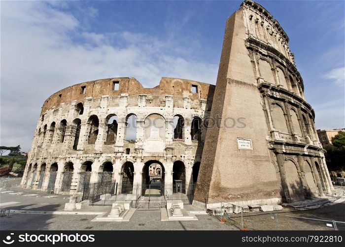 Detail of the famous Colosseum or Coliseum, also known as the Flavian Amphitheatre.
