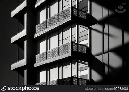Detail of the glass balconies of a minimalist urban build. Illustration Generative AI 