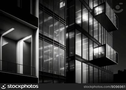 Detail of the glass balconies of a minimalist urban build. Illustration Generative AI 