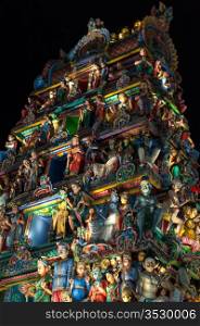 Detail of the Hindu Sri Mariamman Temple in Singapore at night