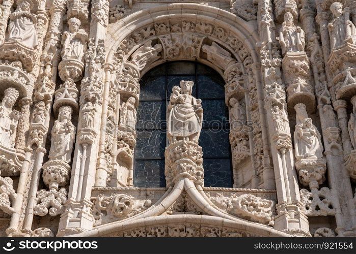Detail of the magnificent carvings on the Monastery of Jeronimos in Belem. Jeronimos Monastery in Belem near Lisbon, Portugal