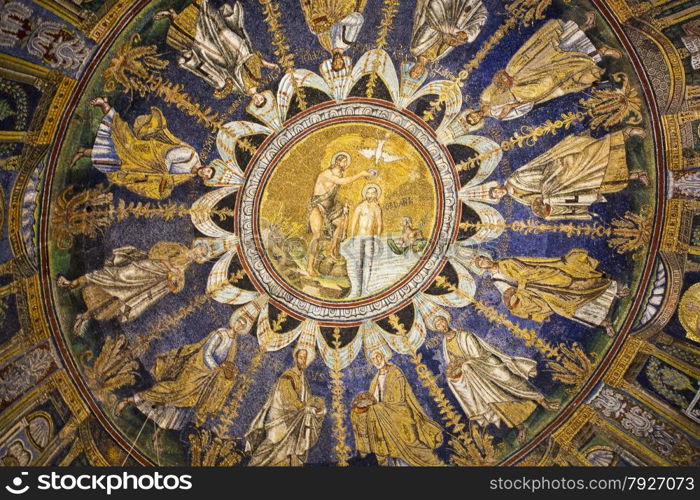 Detail of the mosaic depicting the Baptism of Christ (centre) and the twelve apostles in Baptistery of Neon in Ravenna, Italy