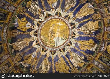 Detail of the mosaic depicting the Baptism of Christ (centre) and the twelve apostles in Baptistery of Neon in Ravenna, Italy