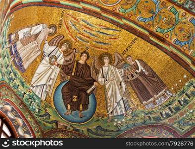 Detail of the mosaics of the apse: the Redeemer, St. Vitale and the Bishop Ecclesius