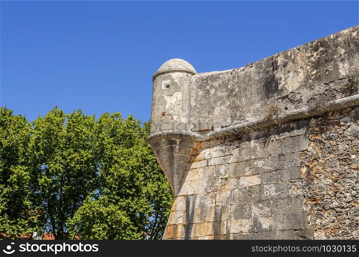 Detail of the old rampart wall and watchtower of the 16th century Citadel of Cascais Portugal