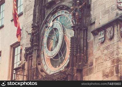 Detail of the Prague astronomical clock Orloj in the old town in 2015, May before renovation