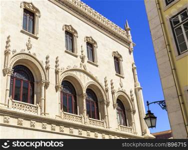 Detail of the Romantic Neo-Manueline facade of the Rossio Railway Station in Lisbon, Portugal