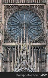 Detail of the Rose Window on the west facade of Strasbourg Cathedral in the city of Strasbourg in the Alsace region of France.