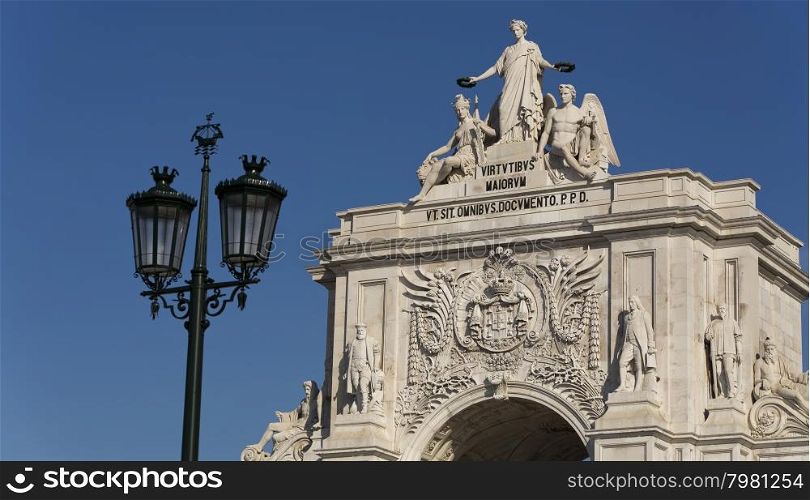 Detail of the Rua Augusta Arch, a stone triumphal arch-like in Lisbon, Portugal, built to commemorate the city&rsquo;s reconstruction after the 1755 earthquake.