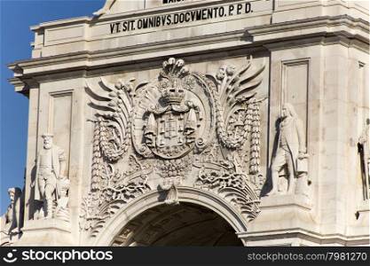 Detail of the Rua Augusta Arch, a stone triumphal arch-like in Lisbon, Portugal, built to commemorate the city&rsquo;s reconstruction after the 1755 earthquake.