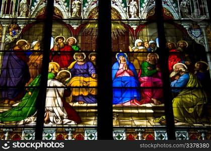 detail of the stained glass windows in the cathedral of cologne