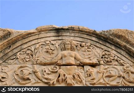 Detail of the Temple of Hadrian in ancient Ephesus in Turkey