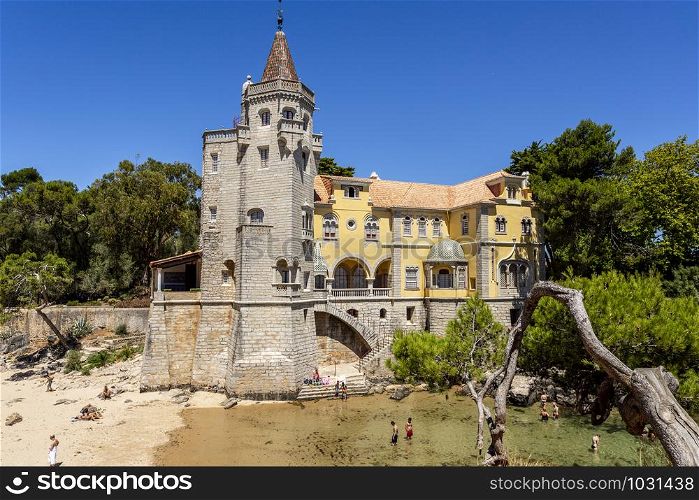 Detail of the Tower of Sao Sebastiao situated by a little cove on the Atlantic coastline in the town of Cascais, Portugal,
