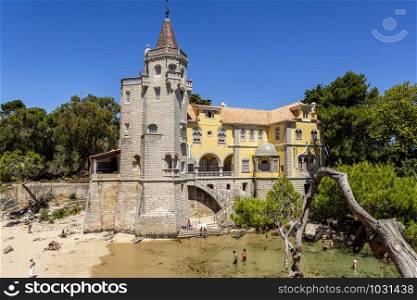 Detail of the Tower of Sao Sebastiao situated by a little cove on the Atlantic coastline in the town of Cascais, Portugal,