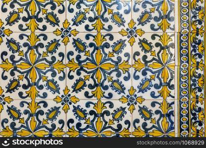Detail of the wonderful 17th century tiles on the walls of the portico of the former Priests House of the Monastery of Saint Mary of Lorvao, Coimbra, Portugal