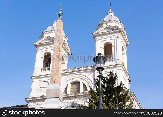 Detail of towers on Trinita dei Monti church at top of Spanish Steps in Rome Italy