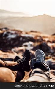 Detail of two pair of feet in front of a defocused landscape at sunset