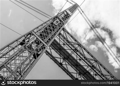 Detail of Vizcaya Bridge, a transporter bridge that links the towns of Portugalete and Getxo, Spain, built in 1893, declared a World Heritage Site by UNESCO. Black and white image