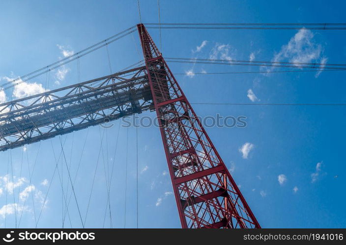 Detail of Vizcaya Bridge, a transporter bridge that links the towns of Portugalete and Getxo, Spain, built in 1893, declared a World Heritage Site by UNESCO