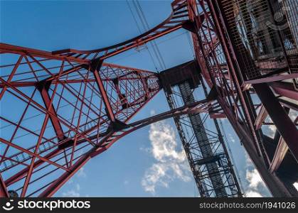 Detail of Vizcaya Bridge, a transporter bridge that links the towns of Portugalete and Getxo, Spain, built in 1893, declared a World Heritage Site by UNESCO