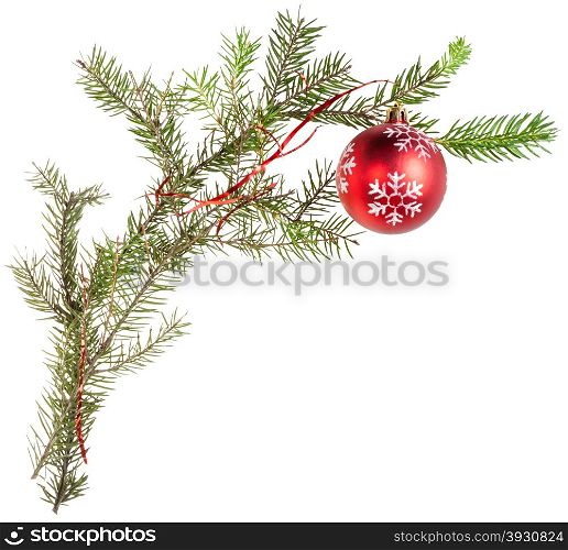 detail of xmas frame - twig of fir tree with cone and red ball on white background