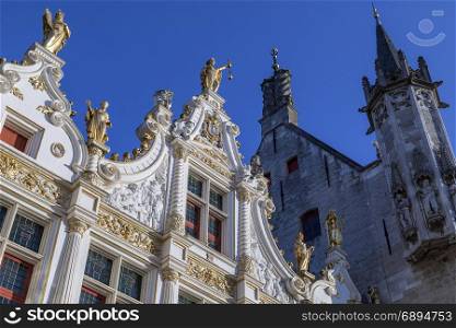 Detail on the Stadhuis van Brugge (Bruges City Hall) in the city of Bruges in Belgium. It is located in Burg Square, the area of the former fortified castle in the centre of Bruges. Dates from 1376.