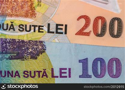 Detail photo of Romanian money, macro shot of Romanian LEI, close up photo of money. Business, money concept