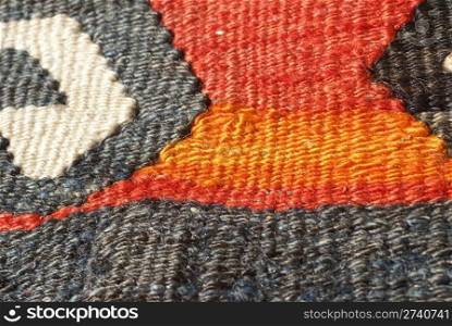 Detail, tightly woven knots of vintage Turkish kilim