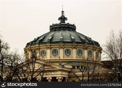 Detail view over the Romanian Athenaeum or Ateneul Roman, in the center of Bucharest capital of Romania