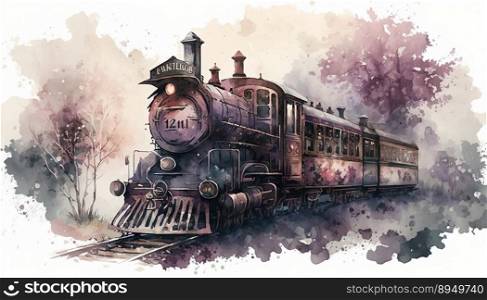 detailed antique old big train in watercolor illustration created by generative AI  