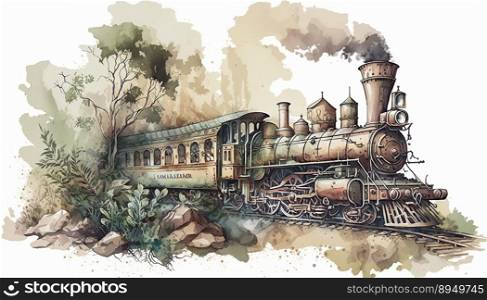 detailed antique old big train in watercolor illustration created by generative AI  