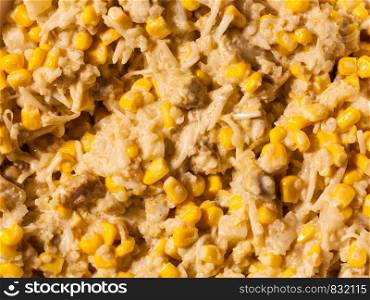 Detailed close up of chicken salad paste with maize corn. Healthy tasty food concept.. Chicken salad paste with maize corn