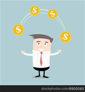 detailed illustration of a businessman juggling with coins, concept of finance and trading, eps10 vector