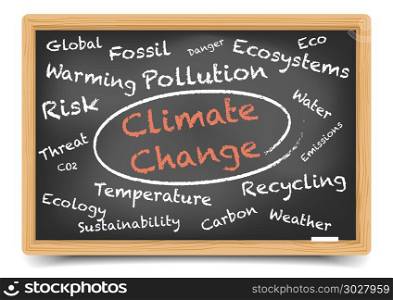 detailed illustration of a Climate Change wordcloud on a blackboard, eps10 vector, gradient mesh included. Wordcloud Climate Change