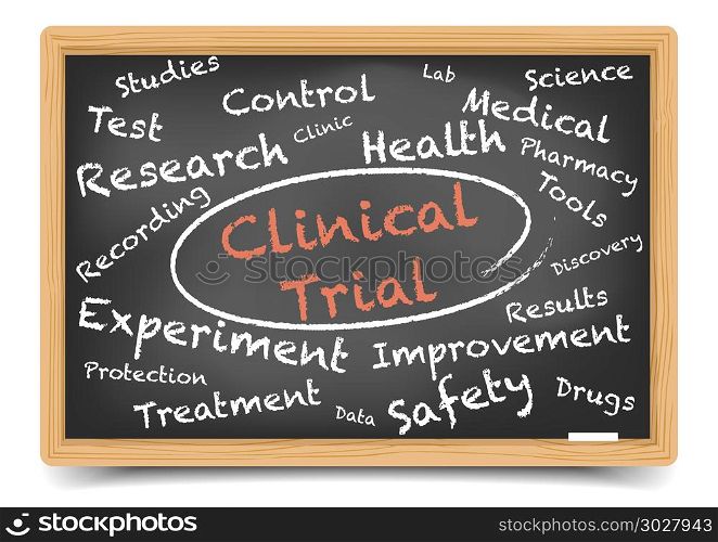 detailed illustration of a Clinical Trial wordcloud on a blackboard, eps10 vector, gradient mesh included. Clinical Trial Wordcloud