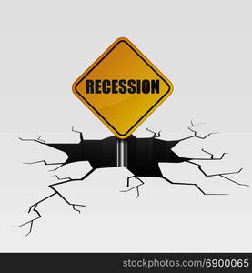 detailed illustration of a cracked ground with Recession text on a yellow roadsign, eps10 vector