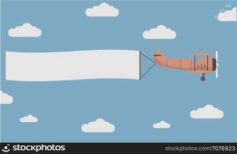 detailed illustration of a plane flying through the cloudy sky while towing a banner, eps10 vector