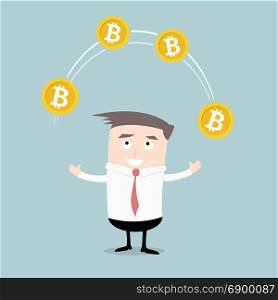 detailed illustration of businessman juggling with bitcoins, concept of cryptocurrency and trading, eps10 vector
