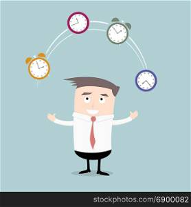 detailed illustration of businessman juggling with clocks, concept of time management, eps10 vector