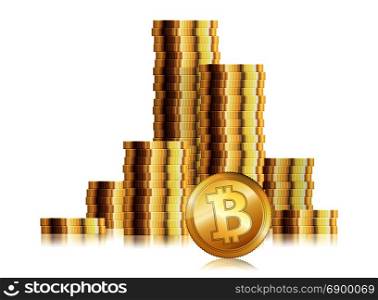 detailed illustration of coin stacks with bitcoin in front, eps10 vector
