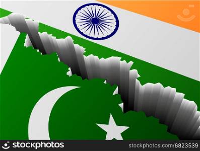 detailed illustration of the Pakistani and Indian national Flag with a deep crack, symbol for crisis and problems, eps10 vector