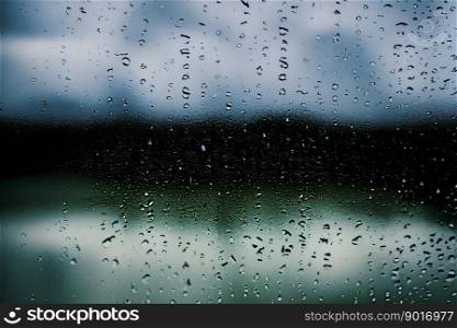 Detailed image of waterdrops op a window with out of focus blue sky and green pastures, created with Generative AI technology