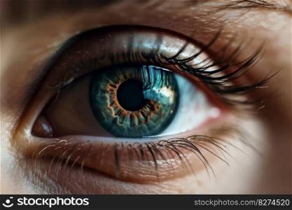 Detailed macro view of a beautiful female eye in stunning blue color. Close-up of the iris, pupil and lashes with focus on the optical anatomy. Perfect of beauty and anatomy. AI Generative.