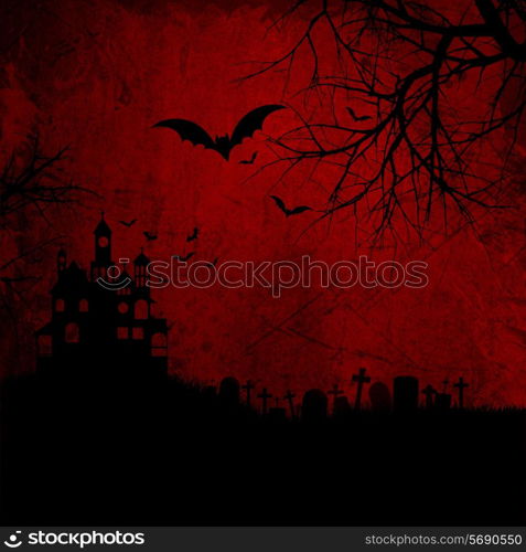 Detailed red grunge Halloween background wtih spooky bats and haunted house
