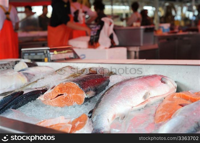 Detailed view of fish displayed at a fish market in Bergen