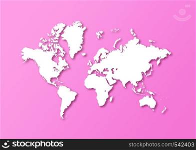 Detailed world map isolated on a pink background with shadows. Detailed world map isolated on a pink background