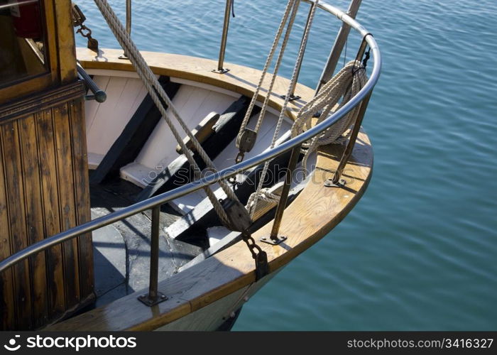 details of a beautiful old wooden sailboat