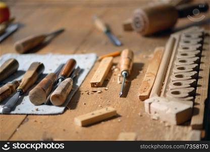Details of Carpenter tools on wooden table